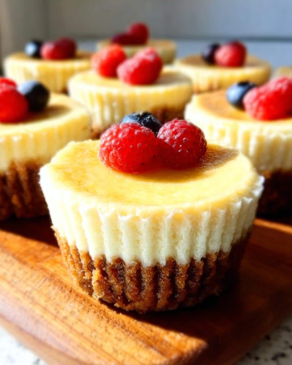 A close-up of one of the Gluten Free Cheesecake Cups topped with fresh raspberries and a blueberry.