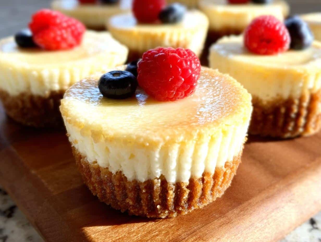 A close-up of several Gluten Free Cheesecake Cups topped with a raspberry and a blueberry, sitting on a wooden board.