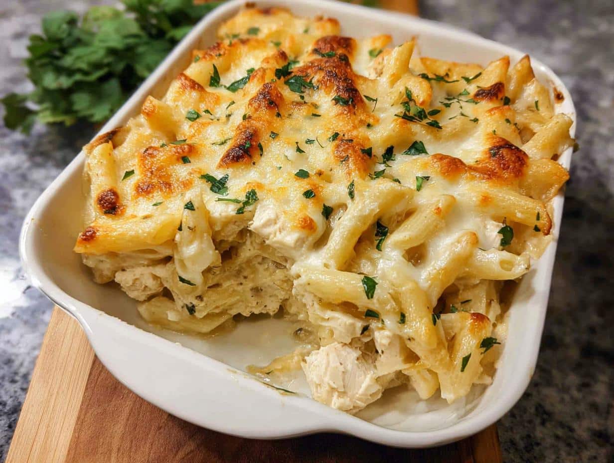 A close-up of a baked casserole dish filled with creamy Gluten-Free Chicken Alfredo Bake, topped with melted, browned cheese and parsley.