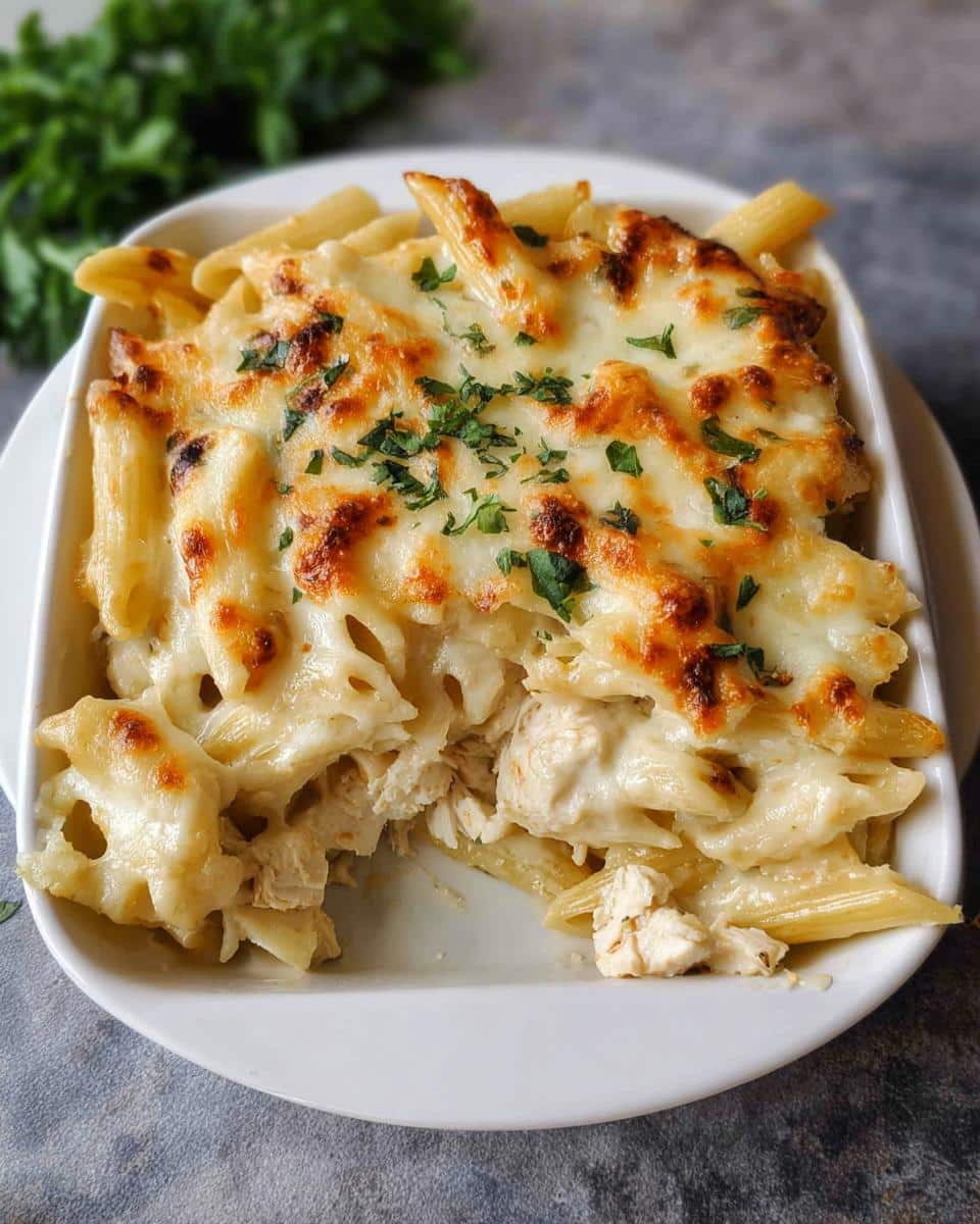 A serving dish filled with creamy Gluten-Free Chicken Alfredo Bake, topped with melted, browned cheese and parsley.