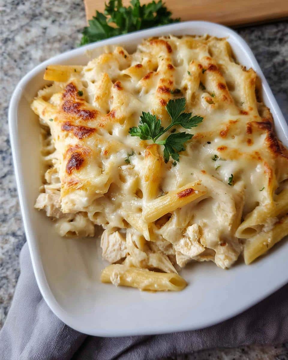 A close-up of a serving of Gluten-Free Chicken Alfredo Bake with penne pasta and a bubbly, browned cheese topping.