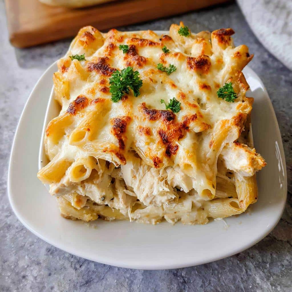 A square serving of warm Gluten-Free Chicken Alfredo Bake topped with melted, browned cheese and fresh parsley.