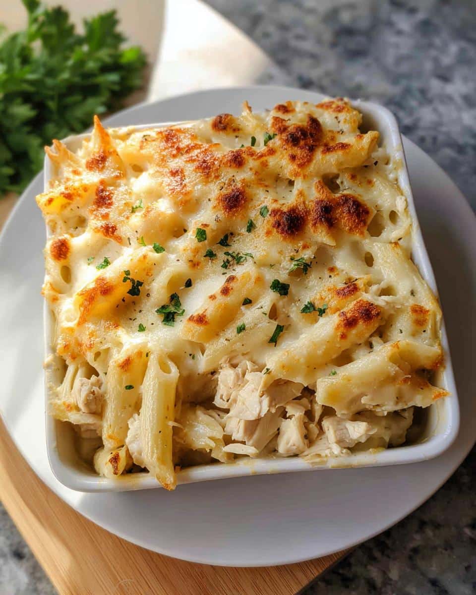Close-up of a baked penne pasta dish with shredded chicken and a bubbly, browned cheese topping, representing Gluten-Free Chicken Alfredo Bake.