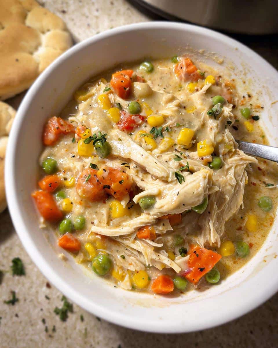 Close-up of creamy Gluten-Free Chicken Pot Pie filling with shredded chicken, carrots, peas, and corn.