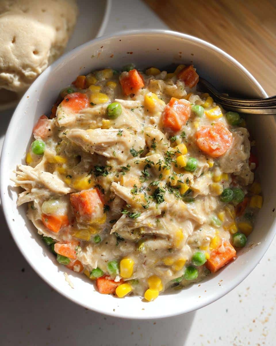 A white bowl filled with creamy Gluten-Free Chicken Pot Pie filling featuring shredded chicken, carrots, peas, and corn.
