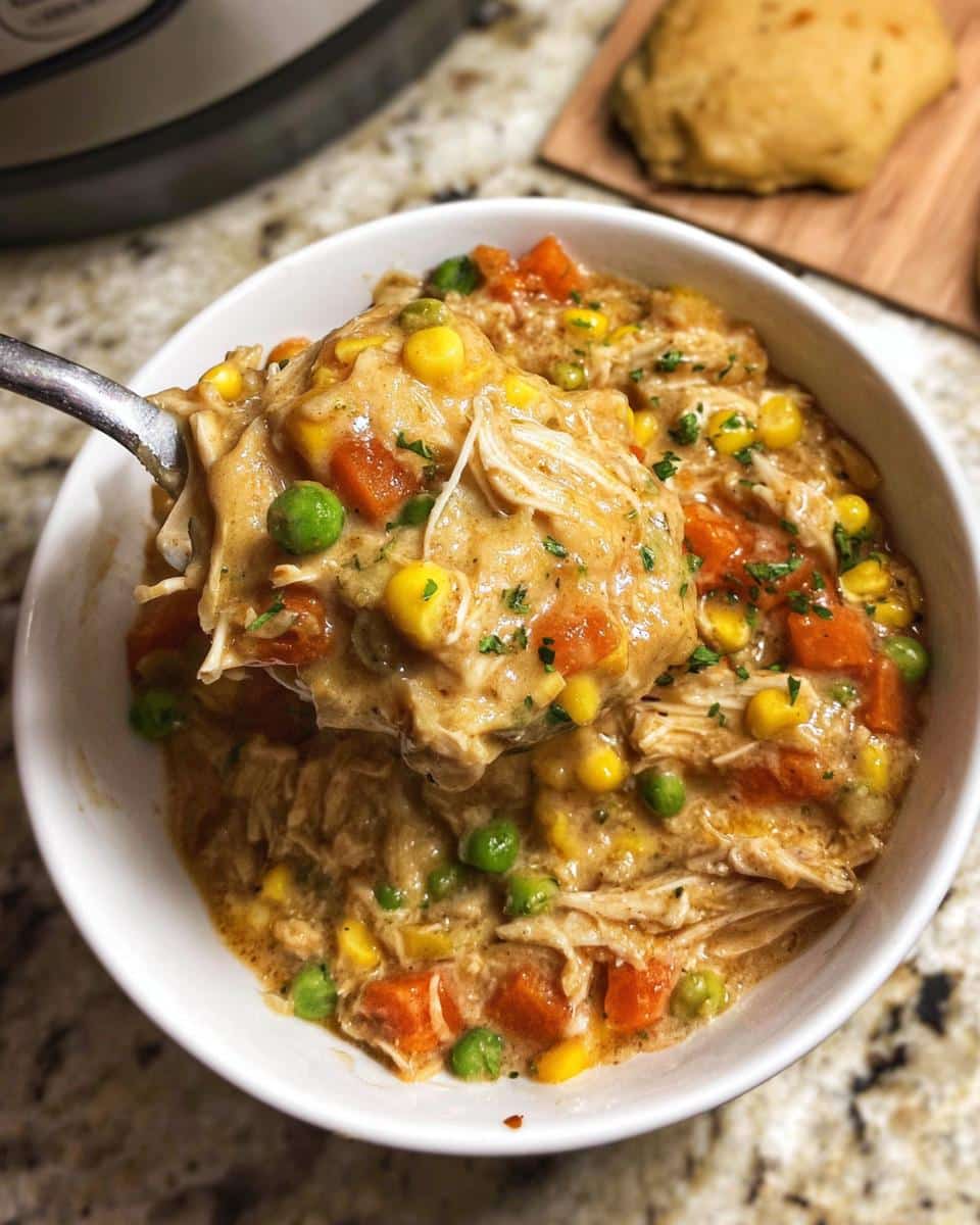 A spoonful of creamy Gluten-Free Chicken Pot Pie filling with shredded chicken, peas, carrots, and corn.