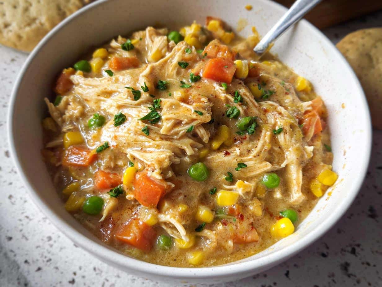 Close-up of creamy Gluten-Free Chicken Pot Pie filling with shredded chicken, carrots, peas, and corn, garnished with parsley.
