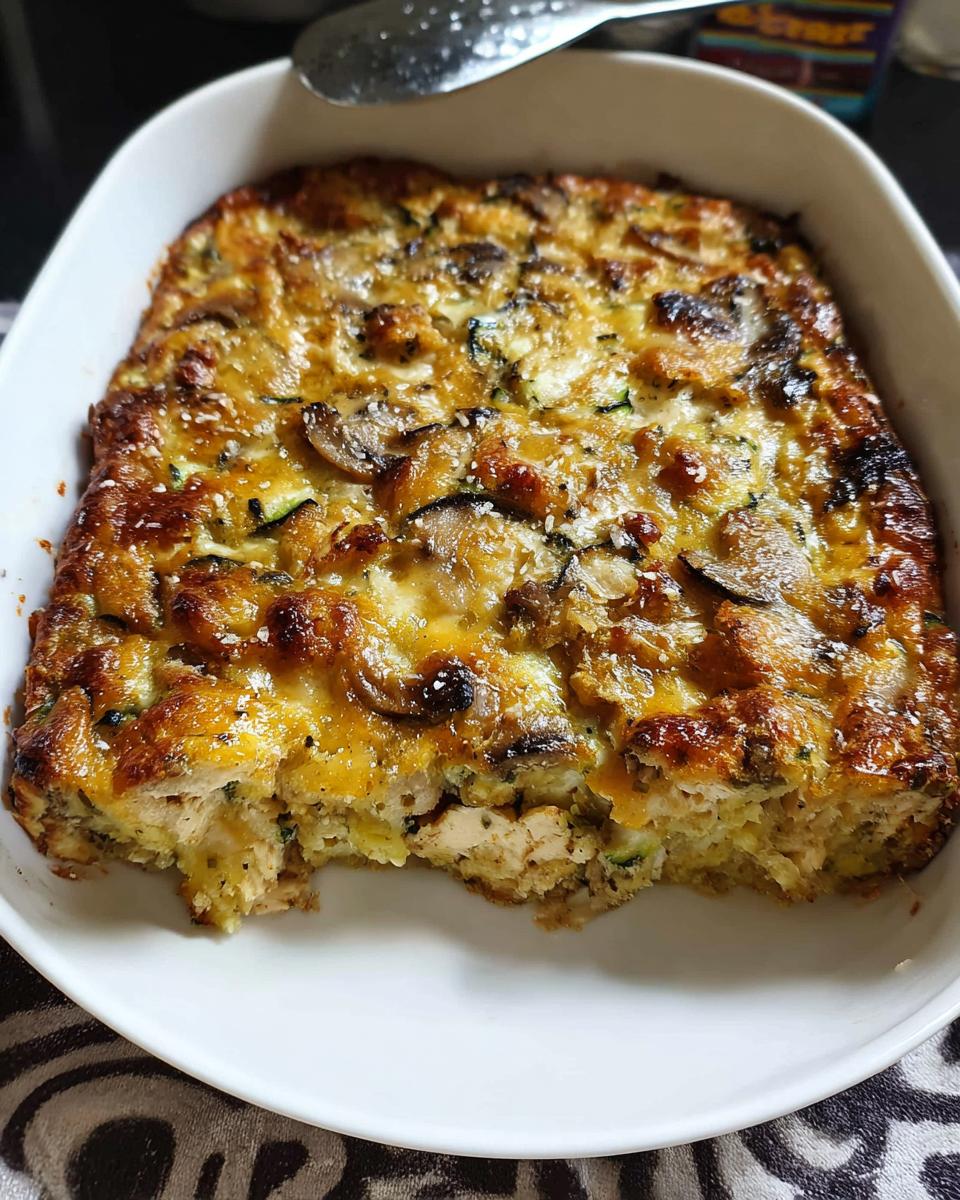 A square portion of Gluten-Free Chicken Zucchini Bake with melted cheese and mushrooms, served in a white baking dish.