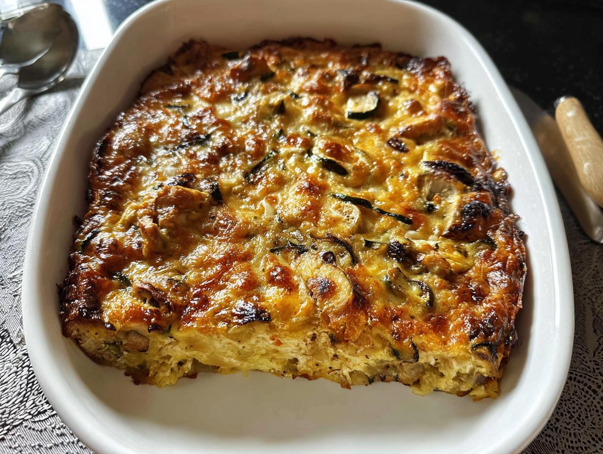 Close-up of a freshly baked Gluten-Free Chicken Zucchini Bake with a golden, cheesy crust in a white dish.