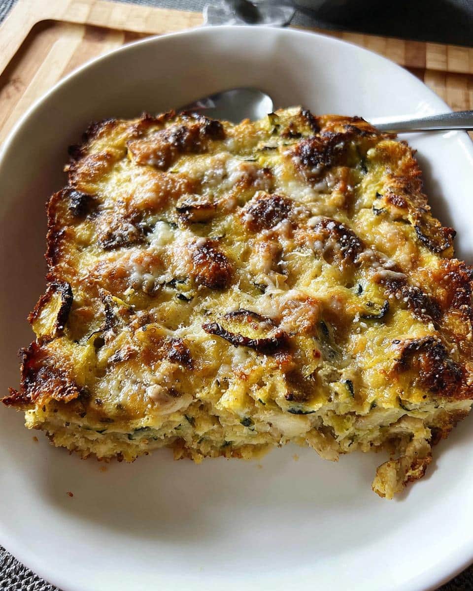 A square serving of baked Gluten-Free Chicken Zucchini Bake with a golden, cheesy crust in a white bowl.