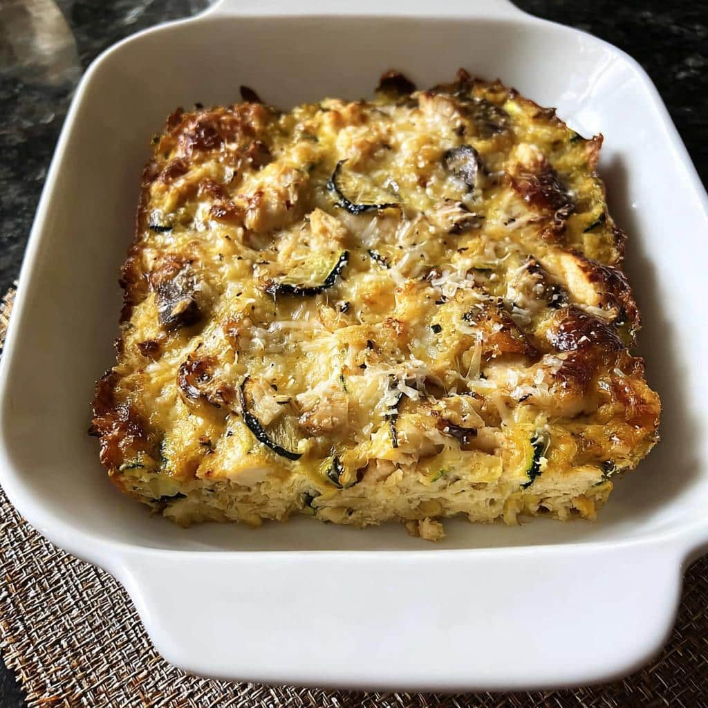 A square serving of baked Gluten-Free Chicken Zucchini Bake with a golden, cheesy top in a white dish.
