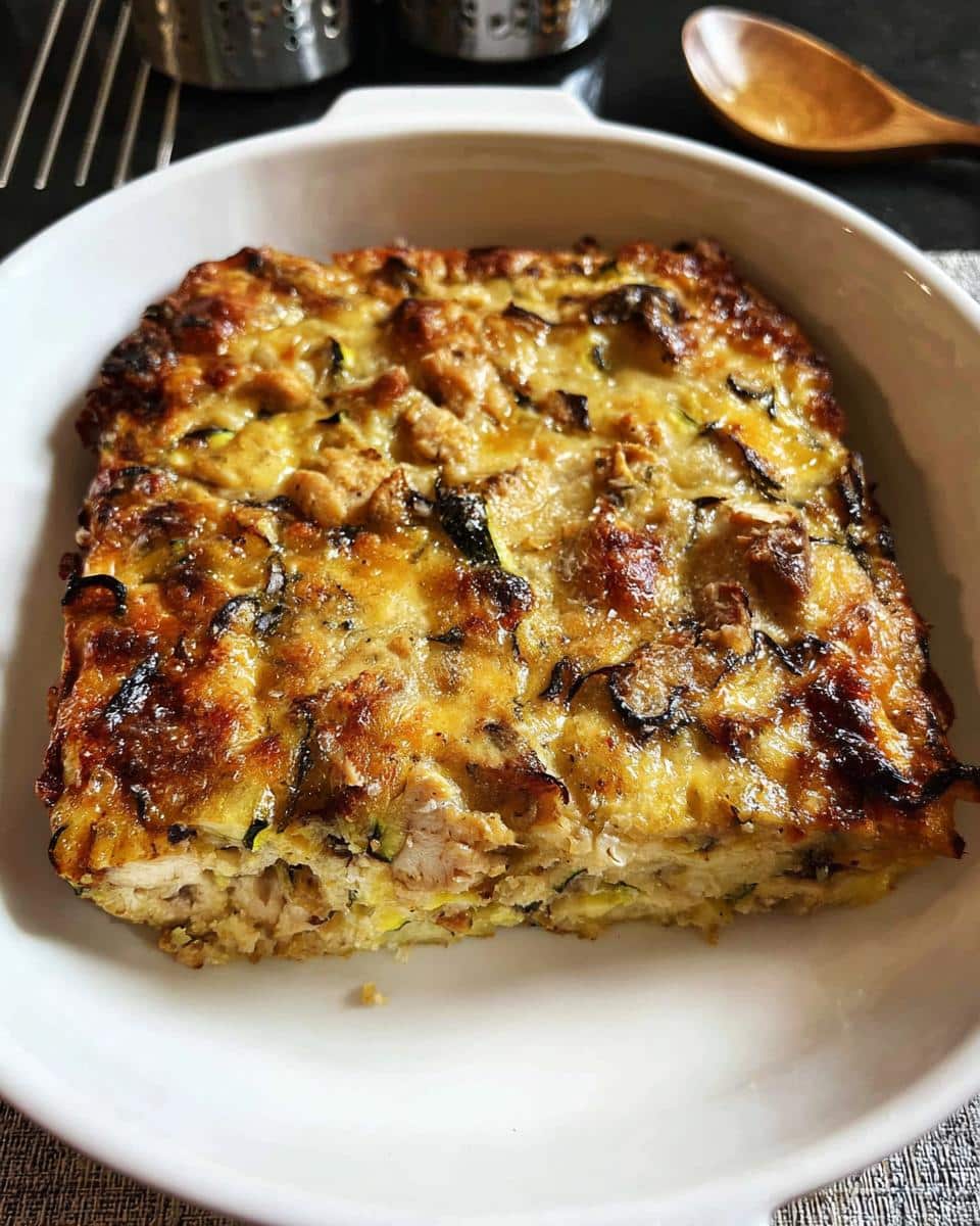 A square portion of baked Gluten-Free Chicken Zucchini Bake with a golden-brown, cheesy crust.
