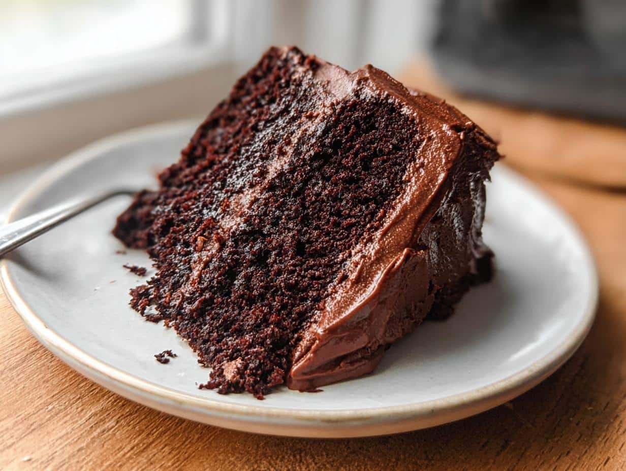 A close-up of a moist slice of rich Gluten Free Chocolate Cake covered in thick chocolate frosting on a white plate.