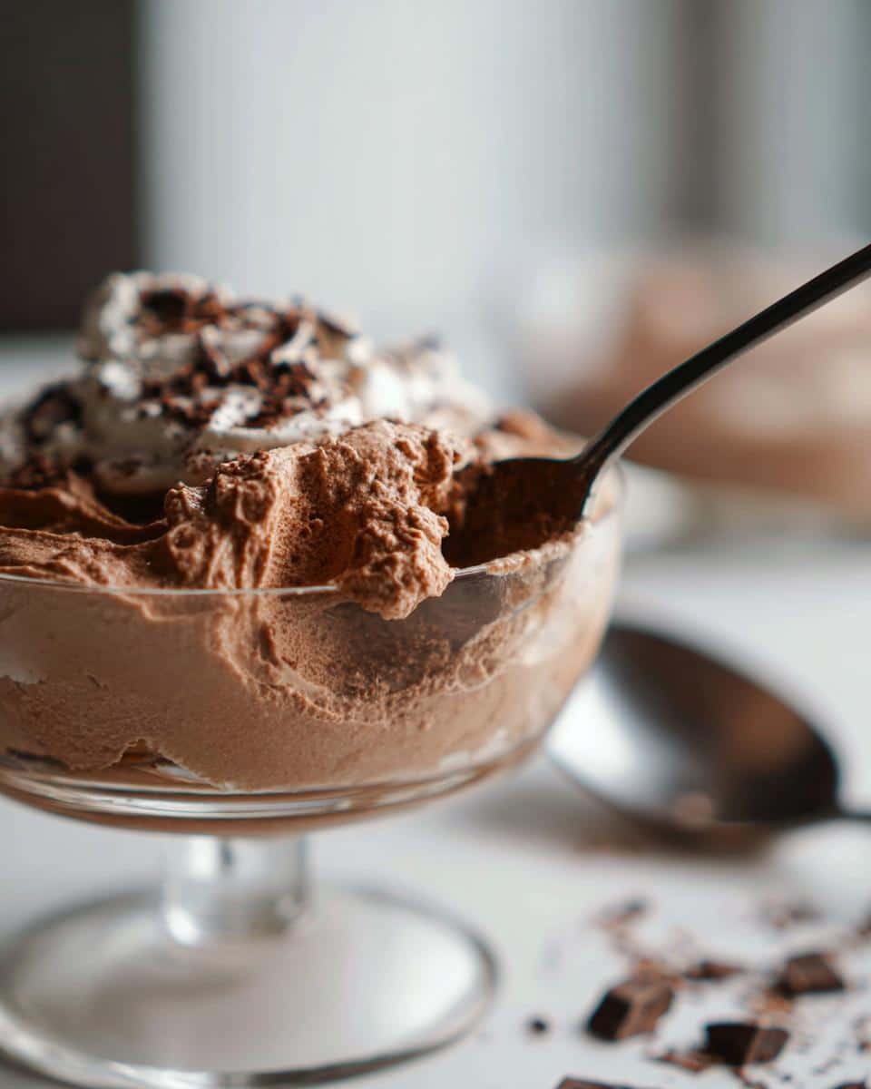 A spoonful being taken from a glass dish of rich Gluten Free Chocolate Mousse topped with whipped cream and shavings.