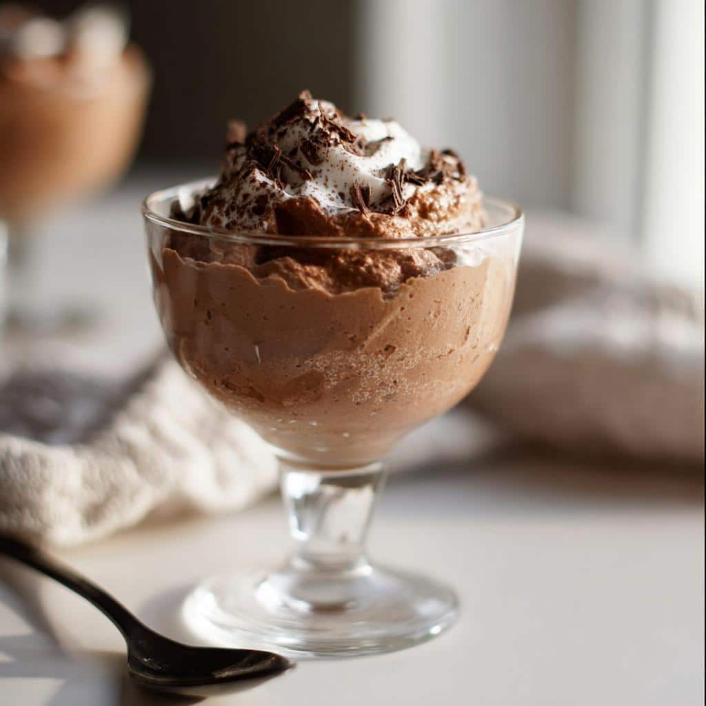 A glass dish filled with rich Gluten Free Chocolate Mousse, topped with whipped cream and chocolate shavings.