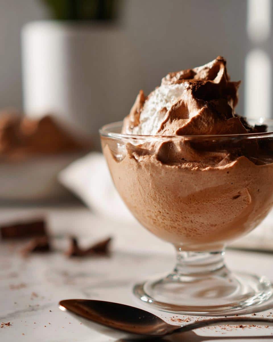 Close-up of rich Gluten Free Chocolate Mousse topped with whipped cream in a stemmed glass dish.