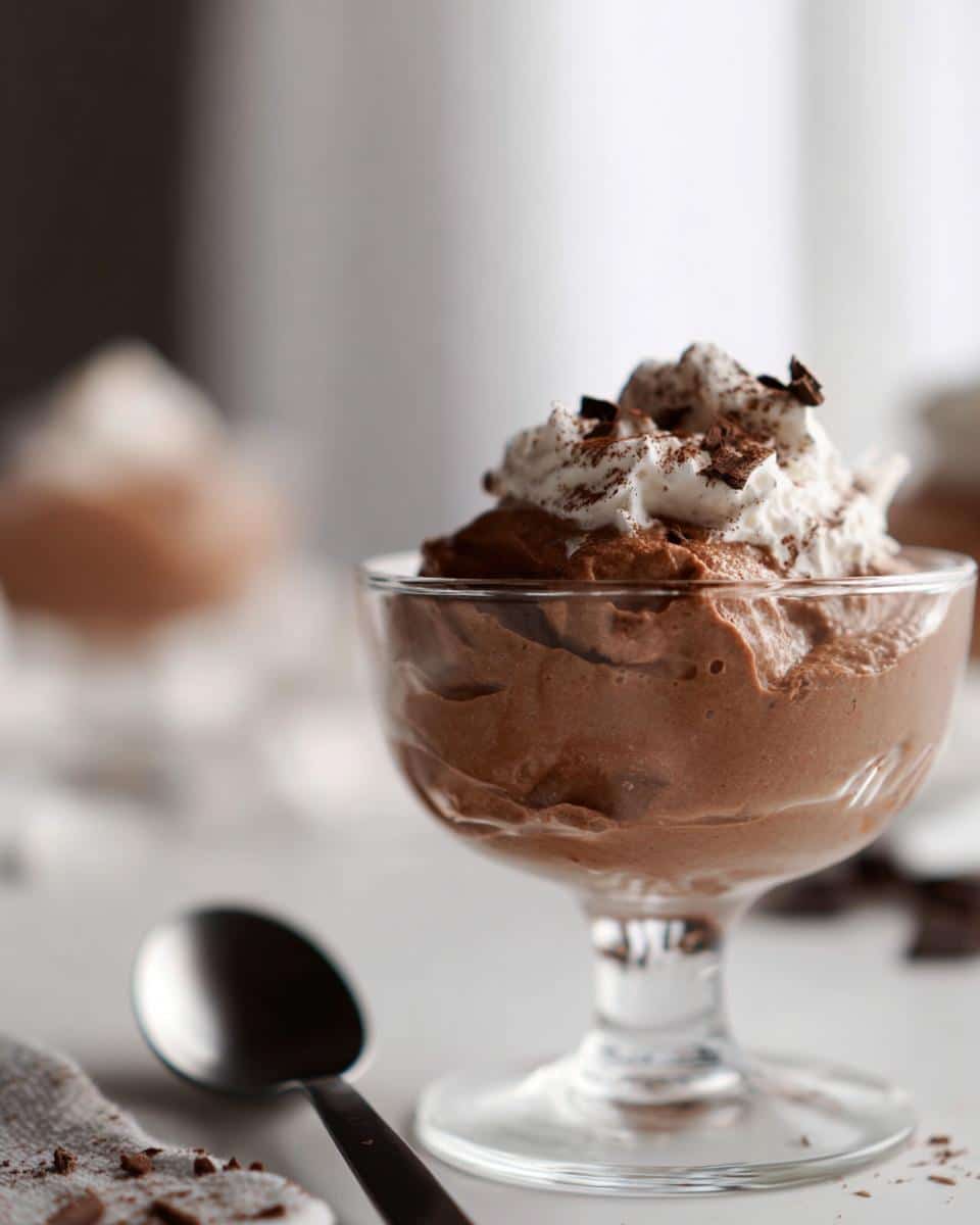 A serving of rich Gluten Free Chocolate Mousse topped with whipped cream and chocolate shavings in a glass dish.