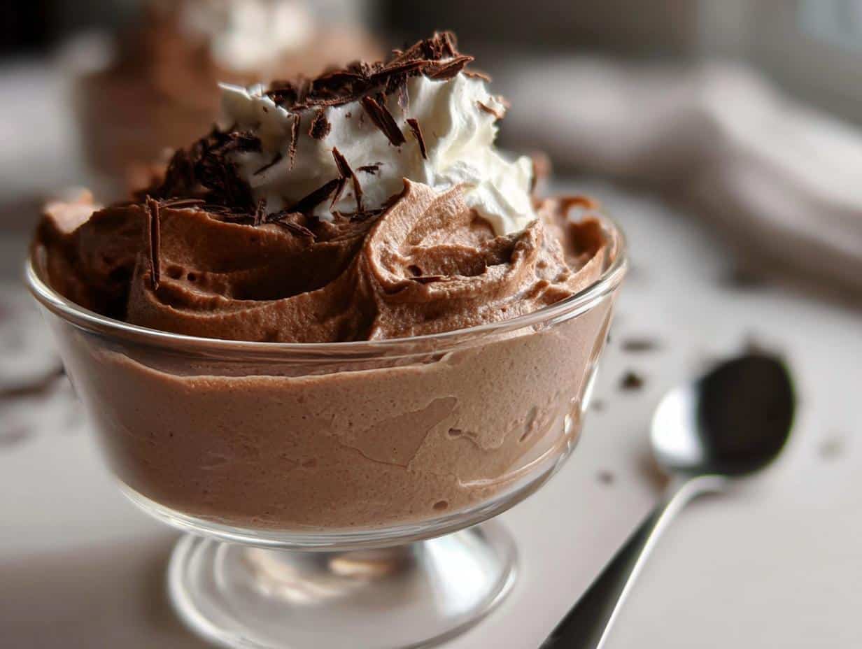 A close-up of rich Gluten Free Chocolate Mousse served in a glass dish, topped with whipped cream and chocolate shavings.