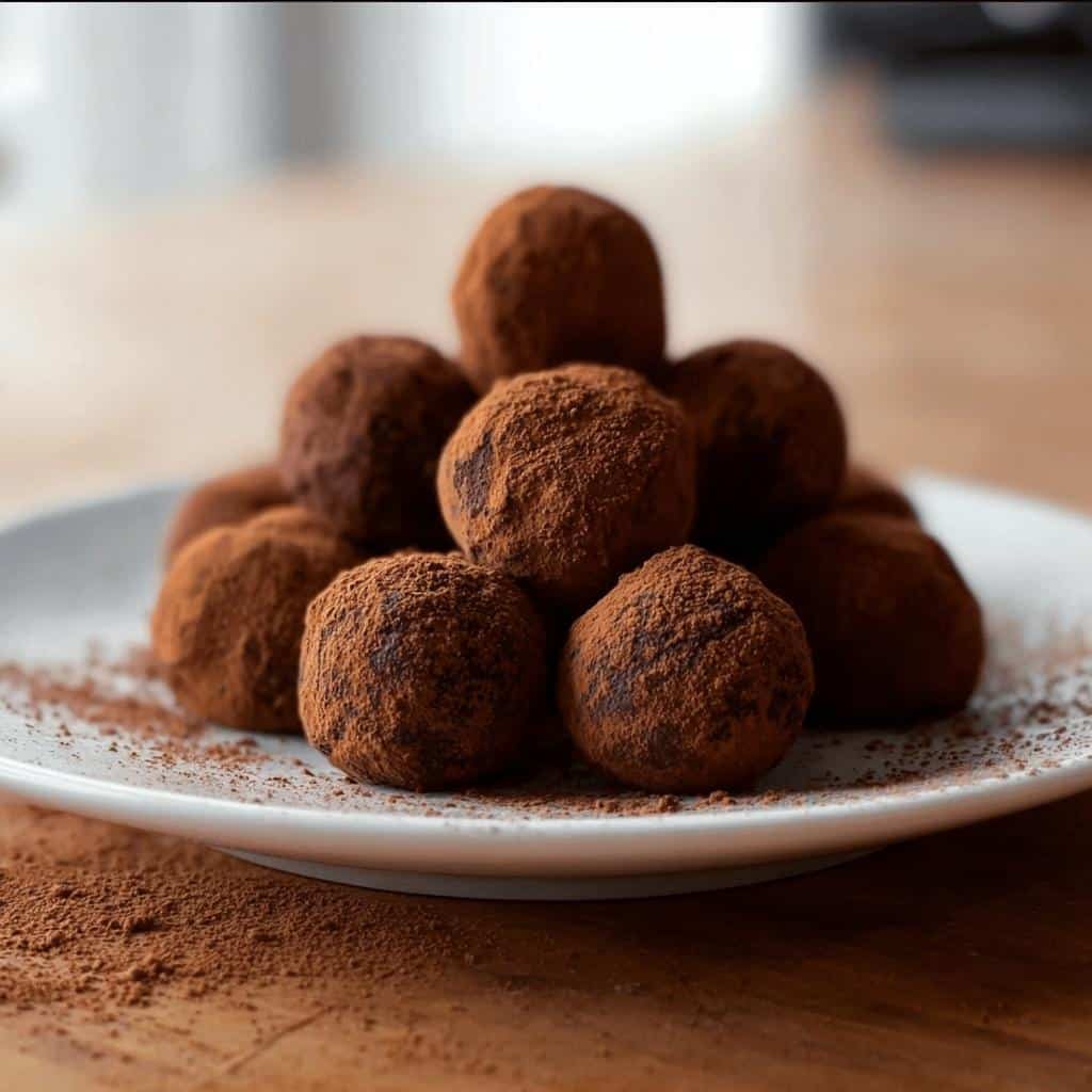 A tempting pile of homemade Gluten Free Chocolate Truffles heavily dusted with rich cocoa powder on a white plate.