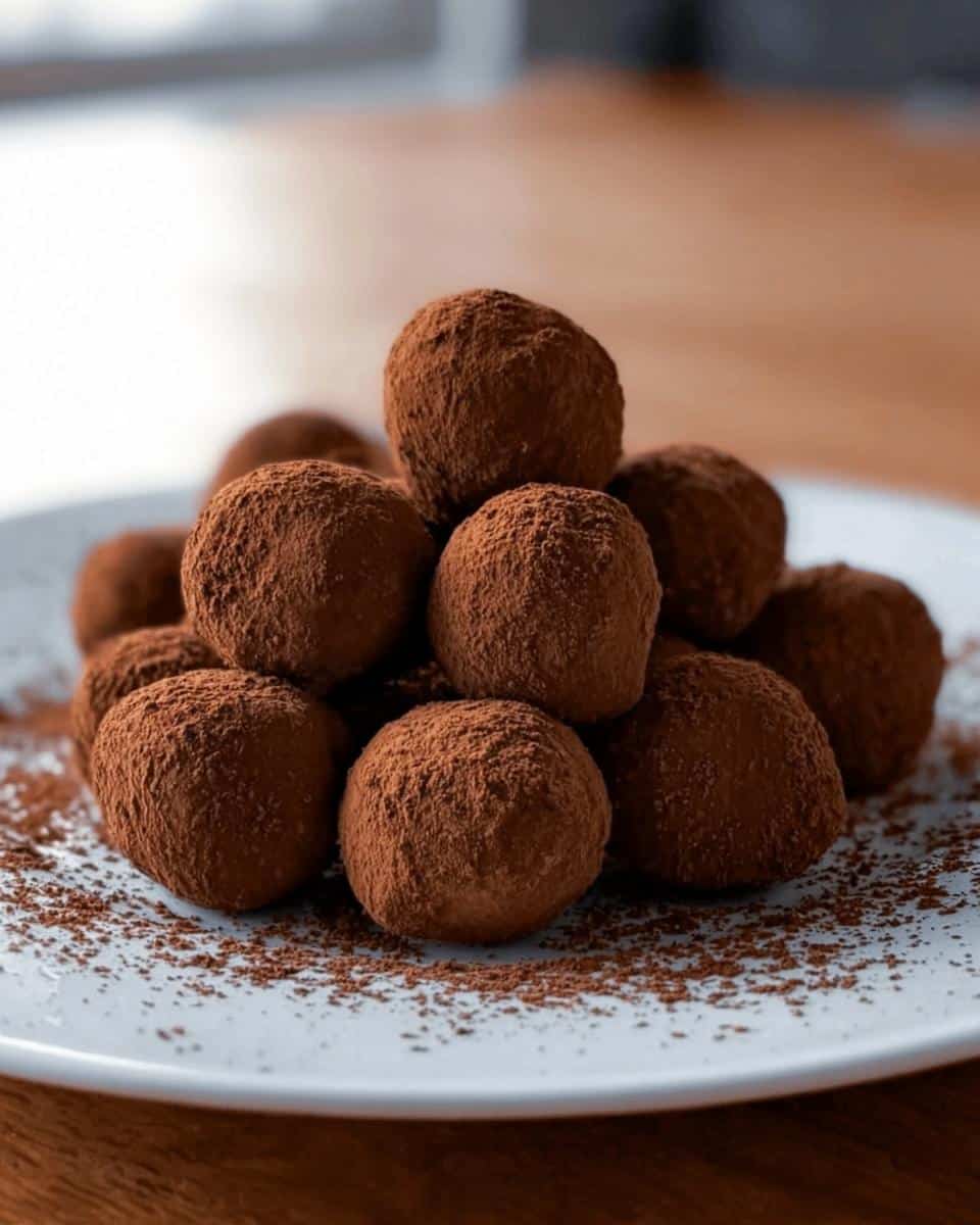 A mound of rich, cocoa-dusted Gluten Free Chocolate Truffles stacked on a white plate.