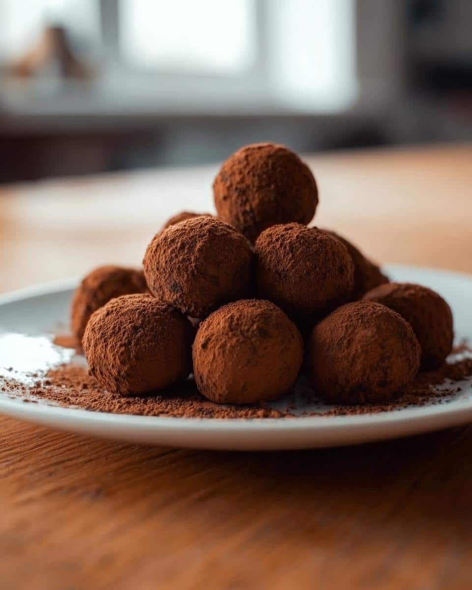 A stack of rich, cocoa-dusted Gluten Free Chocolate Truffles piled high on a white plate.
