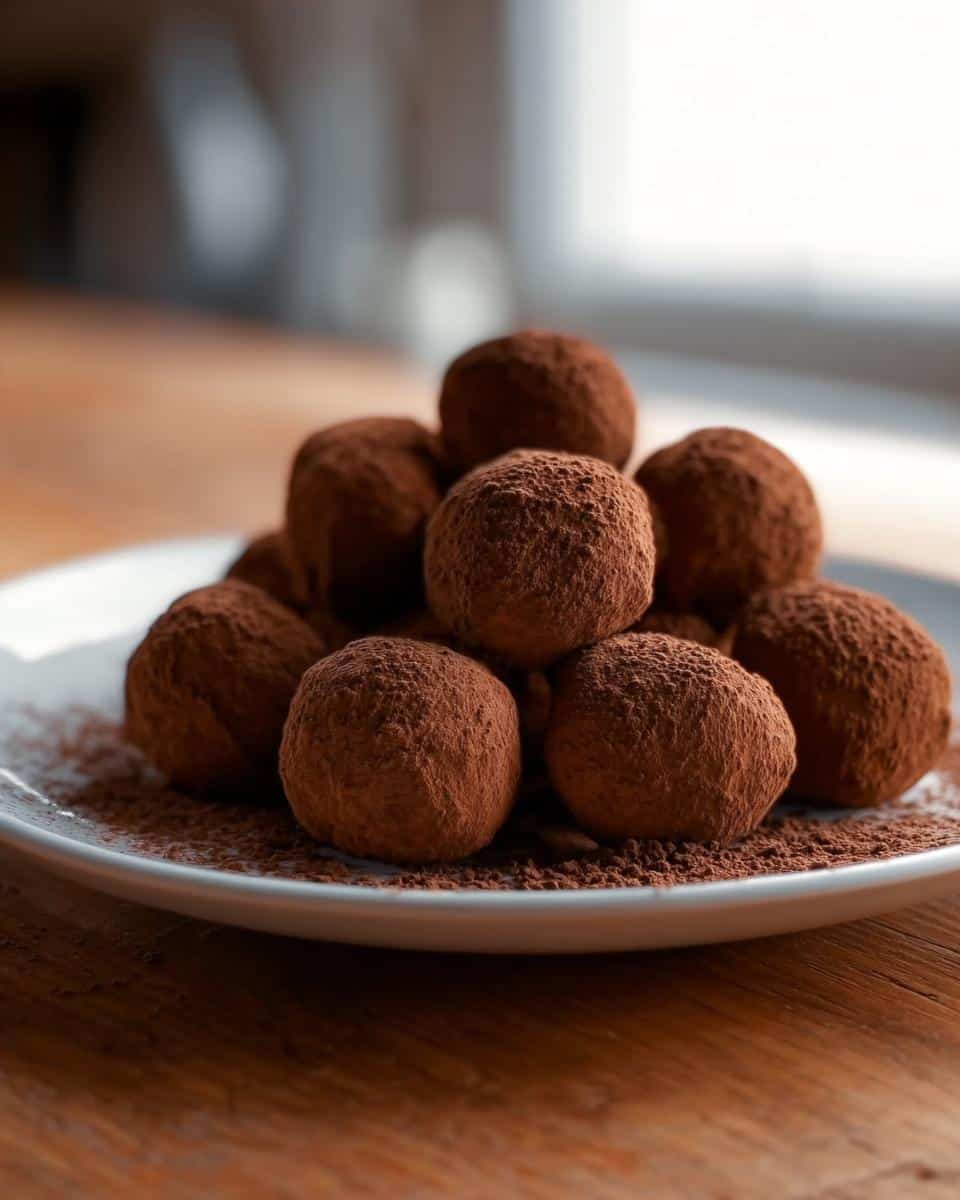 A mound of rich, cocoa-dusted Gluten Free Chocolate Truffles piled high on a white plate.