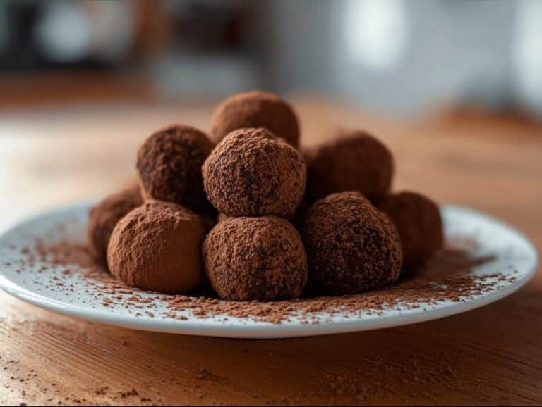 A mound of rich Gluten Free Chocolate Truffles dusted heavily with cocoa powder, served on a white plate.