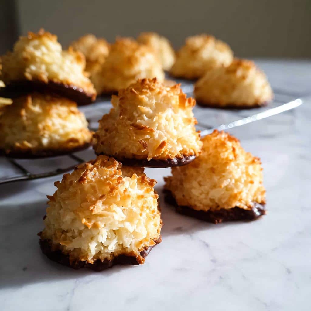 A close-up of several golden-brown Gluten Free Coconut Macaroons, some stacked, resting on a marble surface with chocolate bottoms.