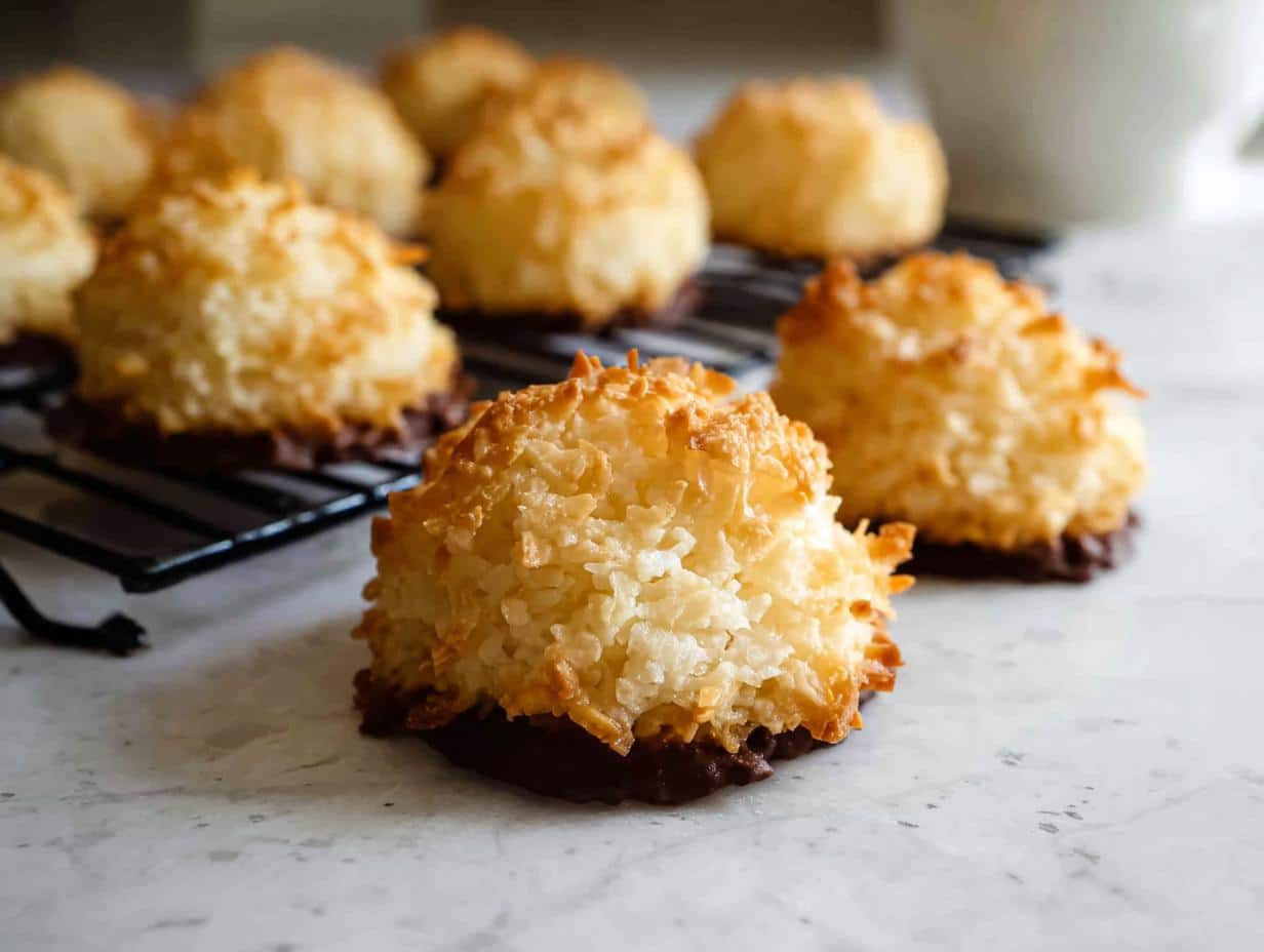 Close-up of golden brown Gluten Free Coconut Macaroons dipped in dark chocolate, cooling on a rack.