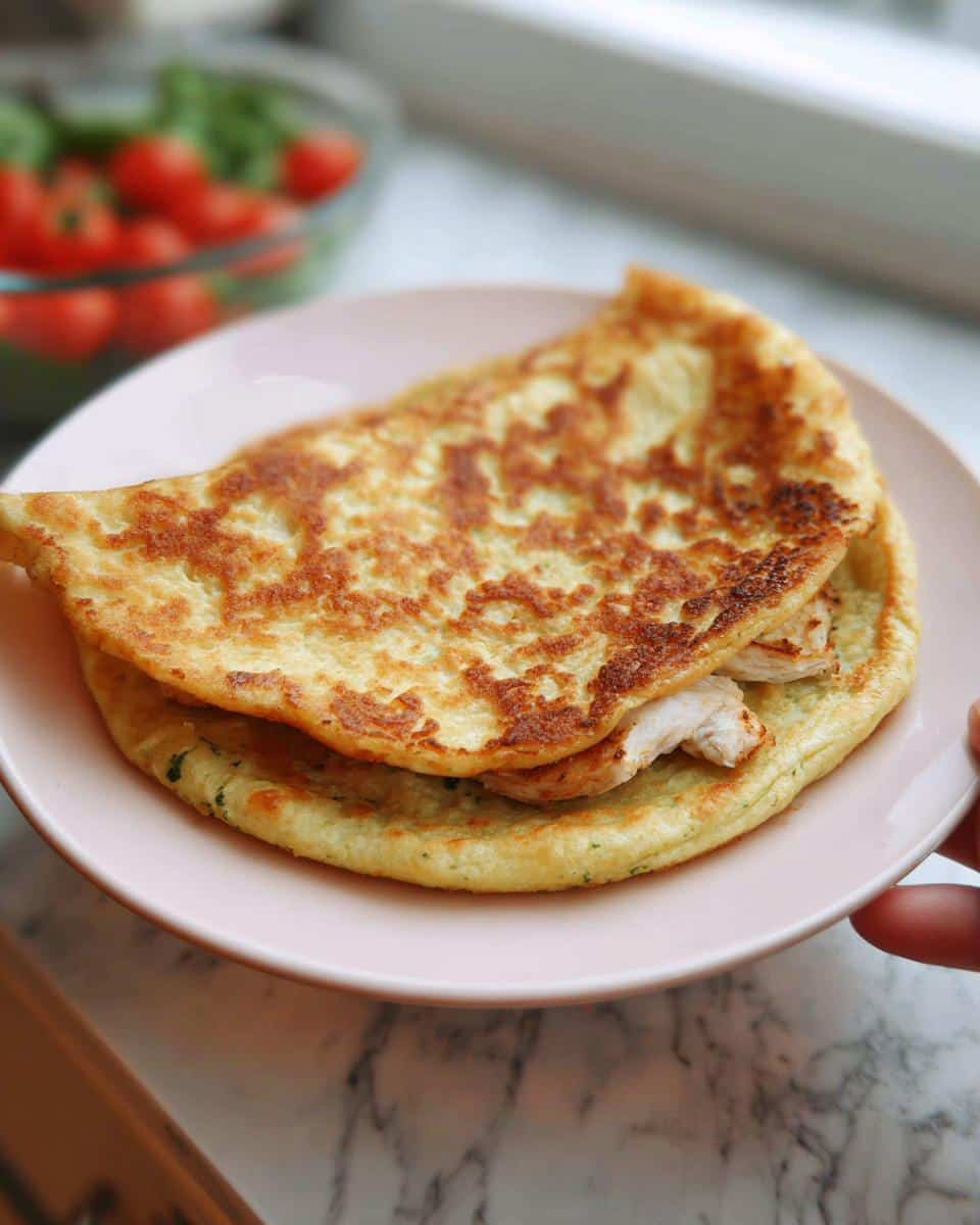 A golden-brown Gluten Free Cottage Cheese Flatbread folded over slices of cooked chicken on a pink plate.