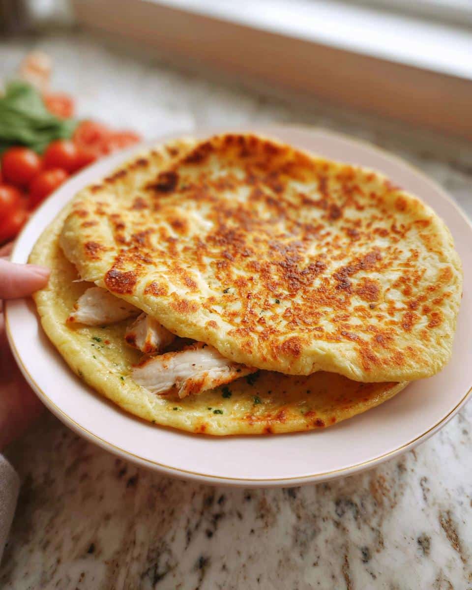 A golden-brown Gluten Free Cottage Cheese Flatbread folded over pieces of white chicken meat on a pink plate.
