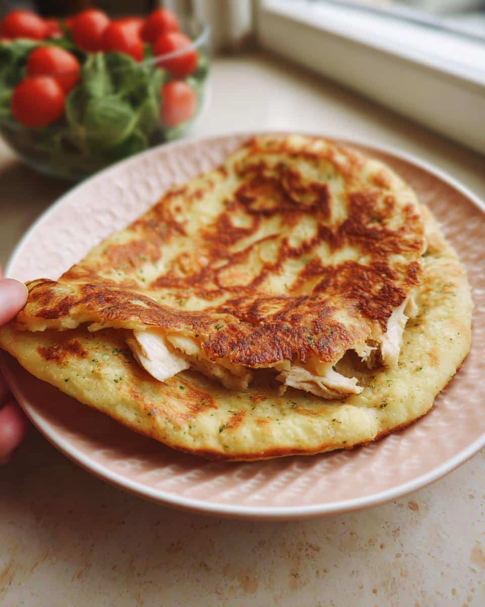 A golden brown Gluten Free Cottage Cheese Flatbread folded over a filling, served on a pink plate.