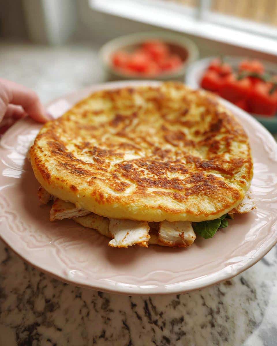 A golden brown Gluten Free Cottage Cheese Flatbread sandwich filled with sliced chicken and greens, held on a pink plate.