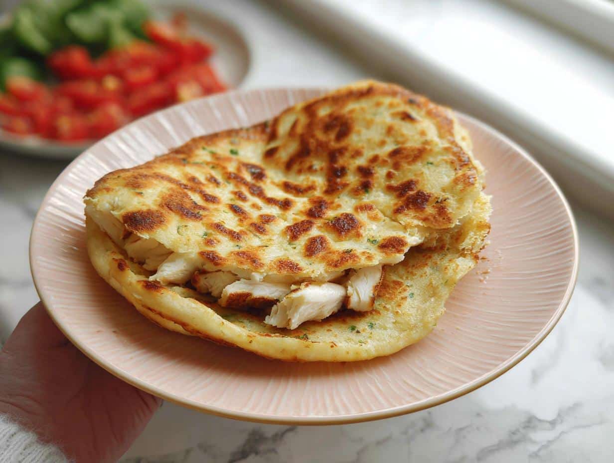 A golden-brown Gluten Free Cottage Cheese Flatbread folded over and stuffed with white meat chicken pieces, served on a pink plate.