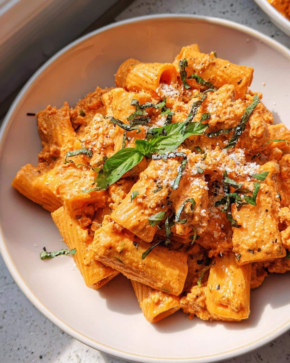 Close-up of Gluten Free Creamy Cottage Cheese Pasta coated in orange sauce, garnished with basil.