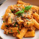 Close-up of Gluten Free Creamy Cottage Cheese Pasta with rich orange sauce and basil garnish.