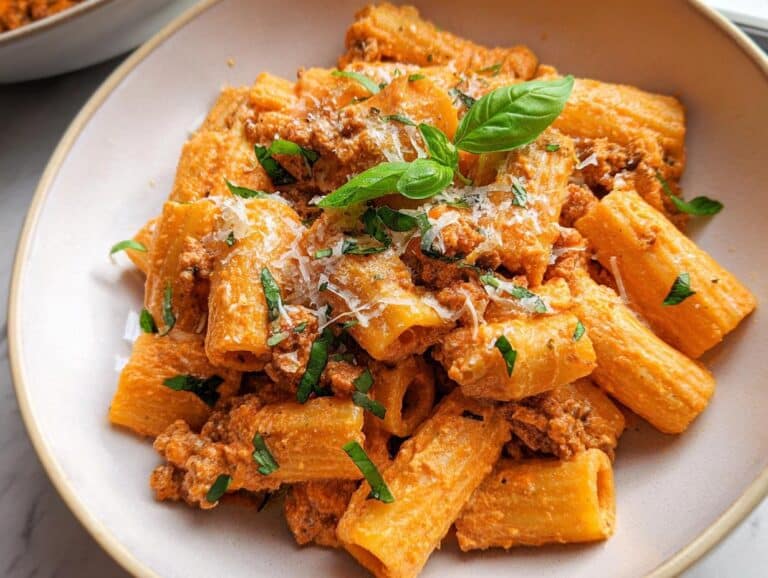 Close-up of Gluten Free Creamy Cottage Cheese Pasta with rich orange sauce and basil garnish.