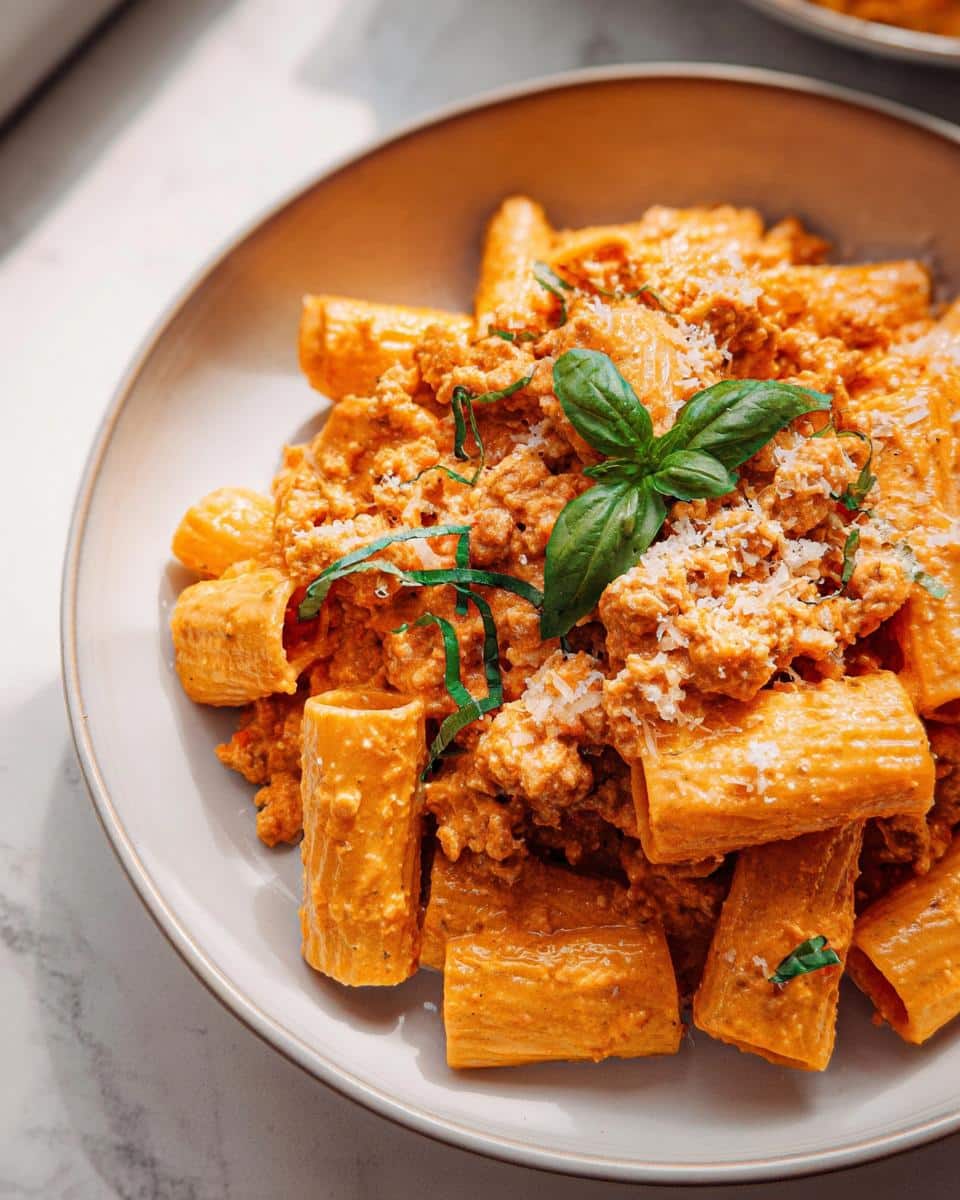 Close-up of Gluten Free Creamy Cottage Cheese Pasta with a rich orange sauce, topped with basil.
