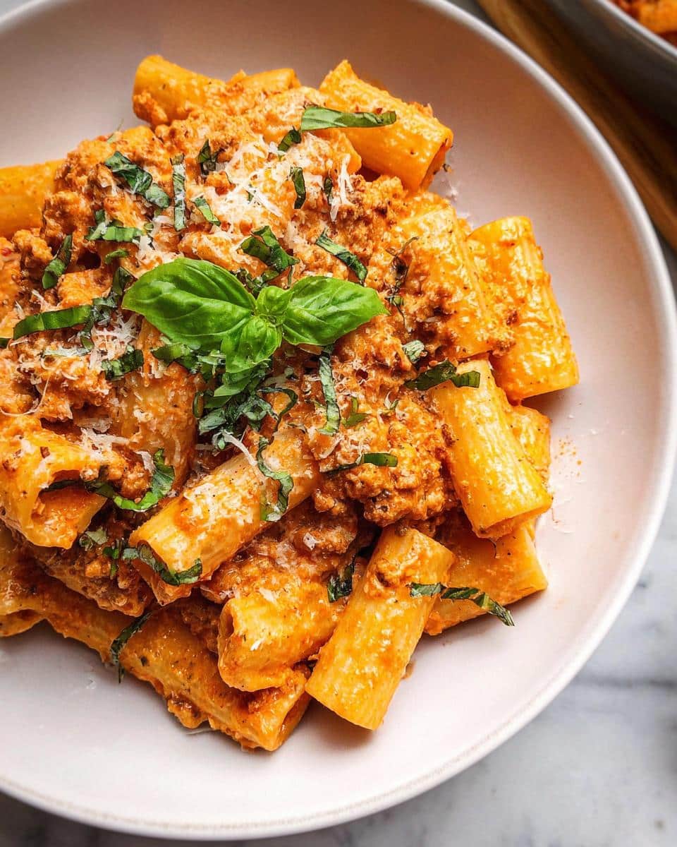 Close-up of rigatoni pasta coated in a rich, creamy sauce, likely Gluten Free Creamy Cottage Cheese Pasta, topped with basil.