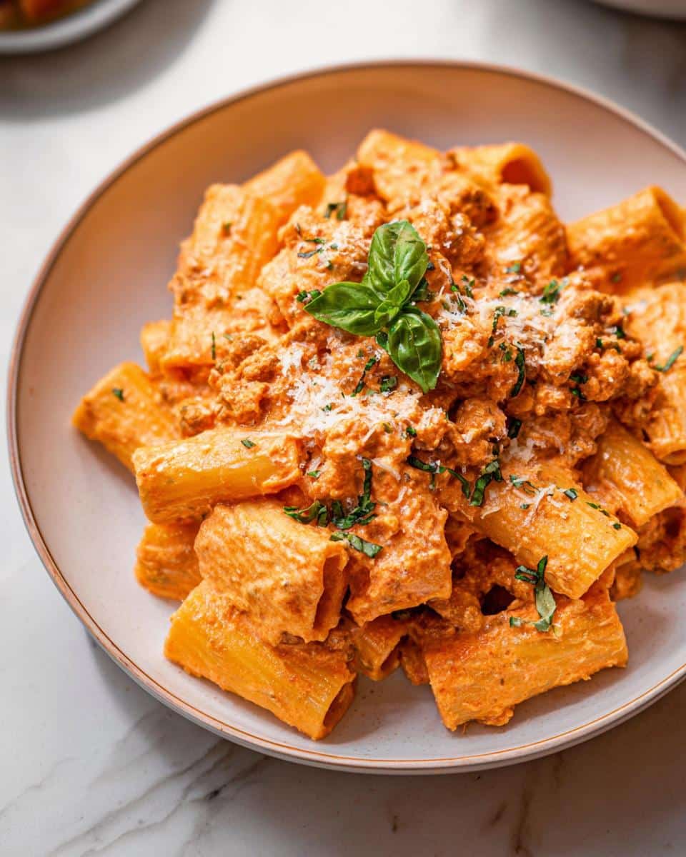 Close-up of Gluten Free Creamy Cottage Cheese Pasta with a rich, orange-red meat sauce, garnished with basil.