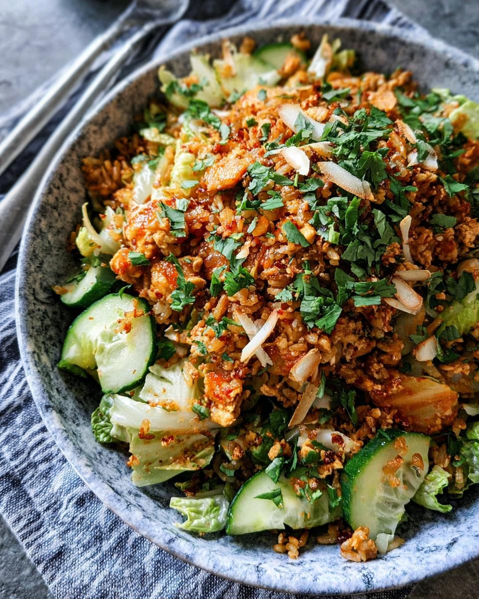 A close-up of a Gluten Free Crispy Rice Bowl featuring crispy seasoned rice, fresh cucumber slices, and topped with chopped herbs and slivered almonds.