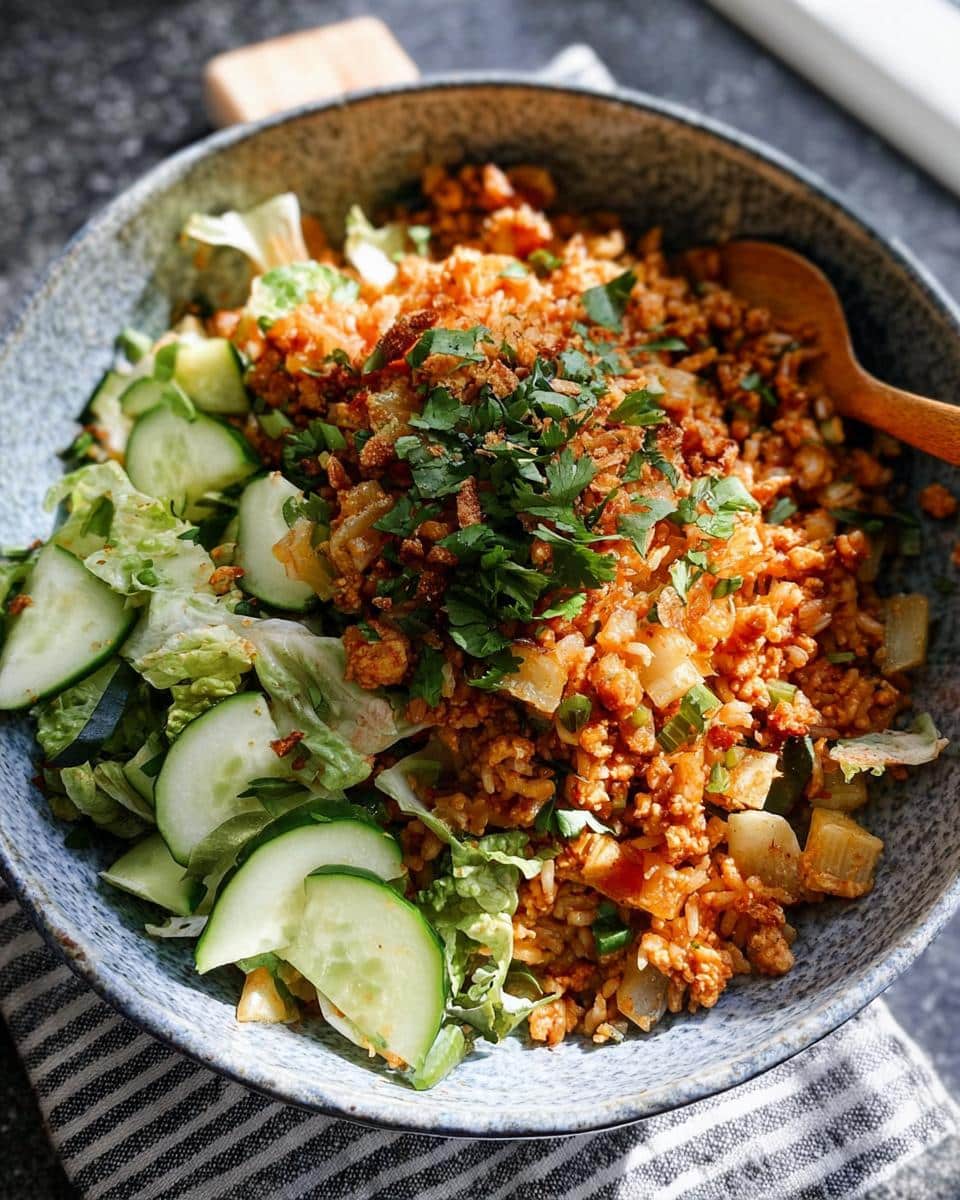 A close-up of a Gluten Free Crispy Rice Bowl topped with fresh cilantro and served with sliced cucumbers and lettuce.