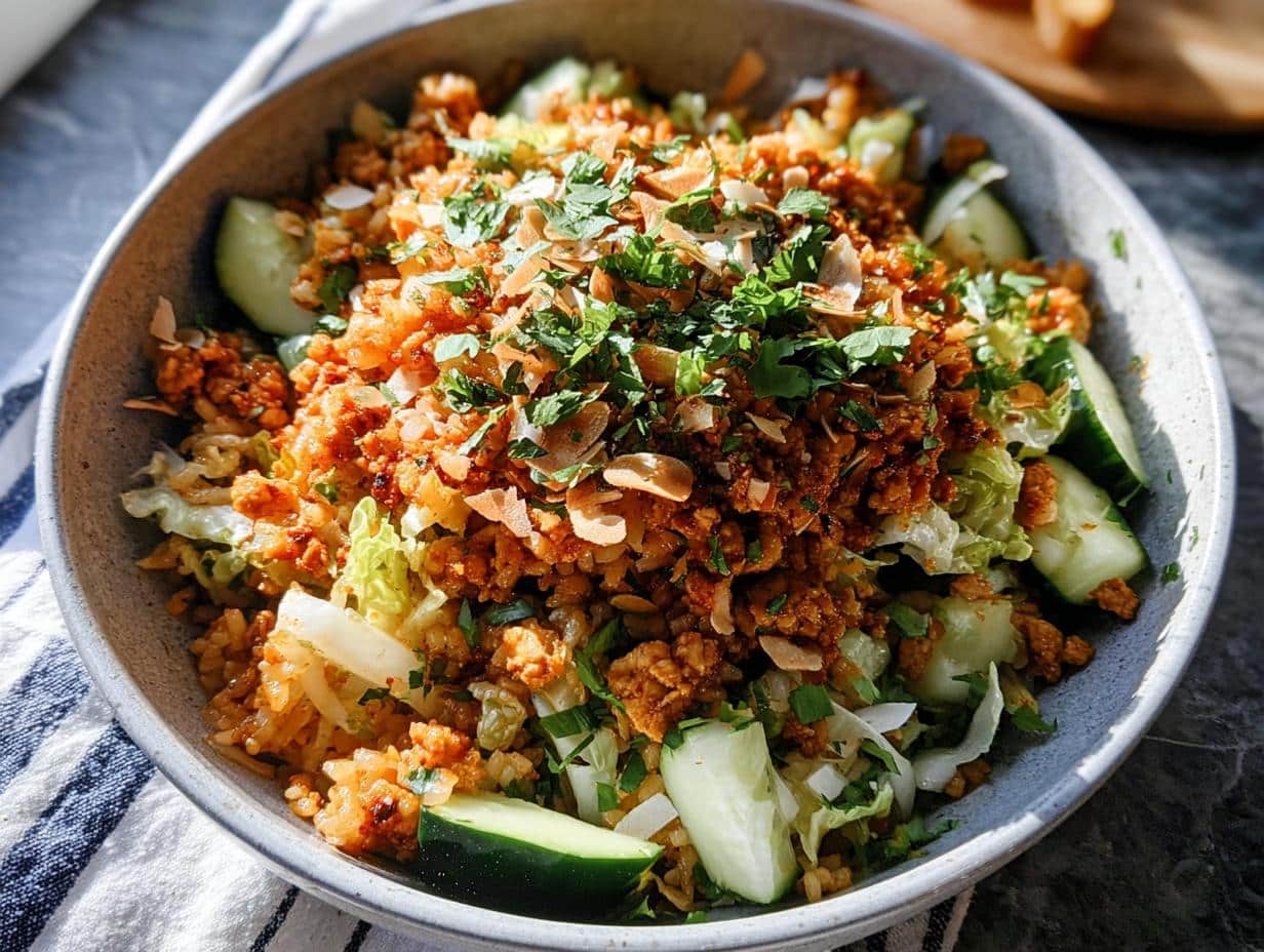 Close-up of a Gluten Free Crispy Rice Bowl topped with savory crumbles, sliced cucumbers, and fresh herbs.