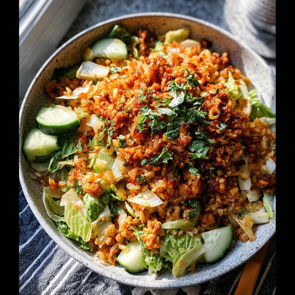 A close-up of a vibrant Gluten Free Crispy Rice Bowl topped with crispy seasoned rice, lettuce, and cucumber slices.