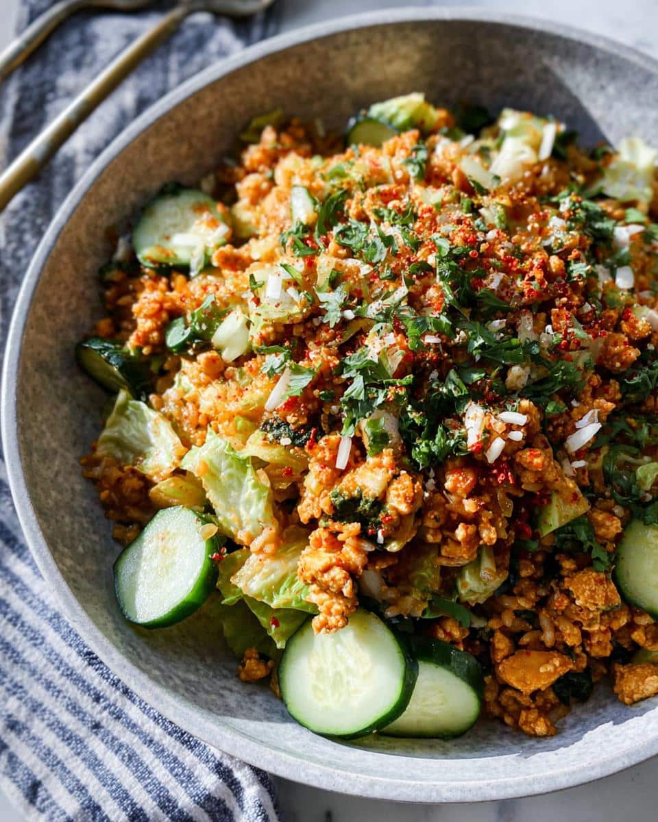 Close-up of a Gluten Free Crispy Rice Bowl featuring seasoned rice mixture, lettuce, and fresh cucumber slices.