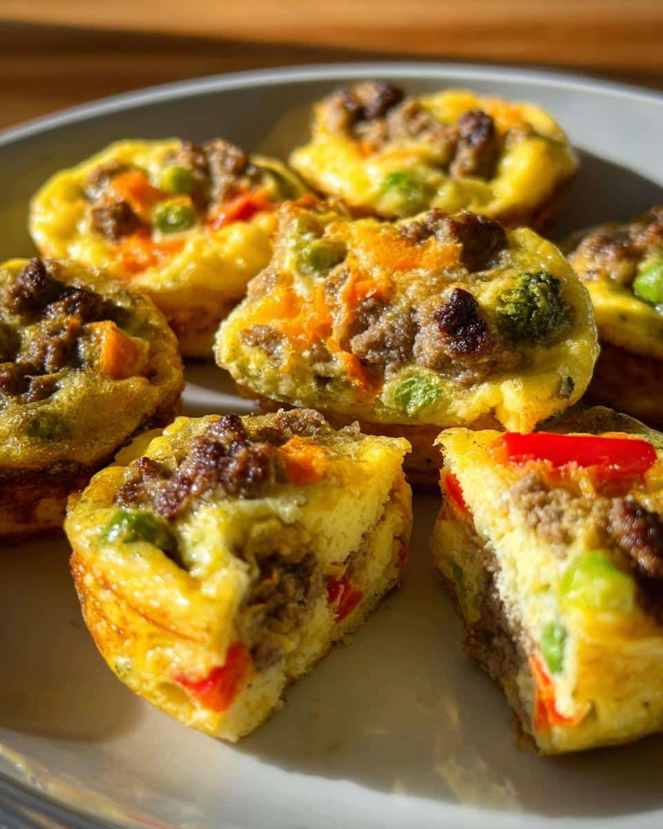 Close-up of several Gluten-Free Egg Bites on a white plate, one is cut open showing sausage, peppers, and broccoli.
