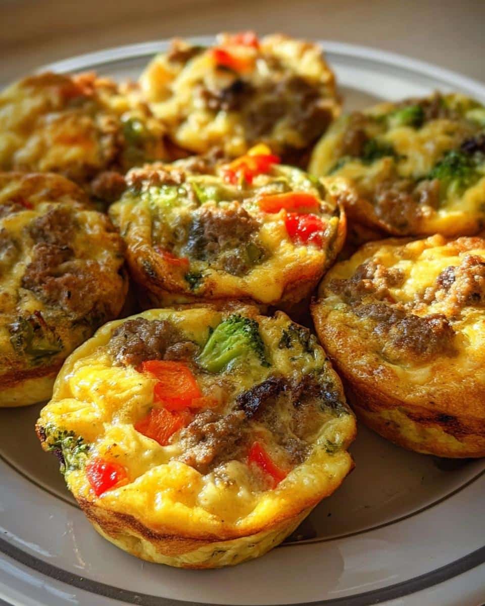 A plate featuring several golden-brown Gluten-Free Egg Bites loaded with sausage, broccoli, and red peppers.