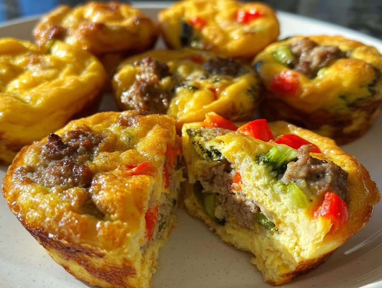 A close-up view of several Gluten-Free Egg Bites, one cut in half revealing sausage, broccoli, and red peppers inside the fluffy egg base.