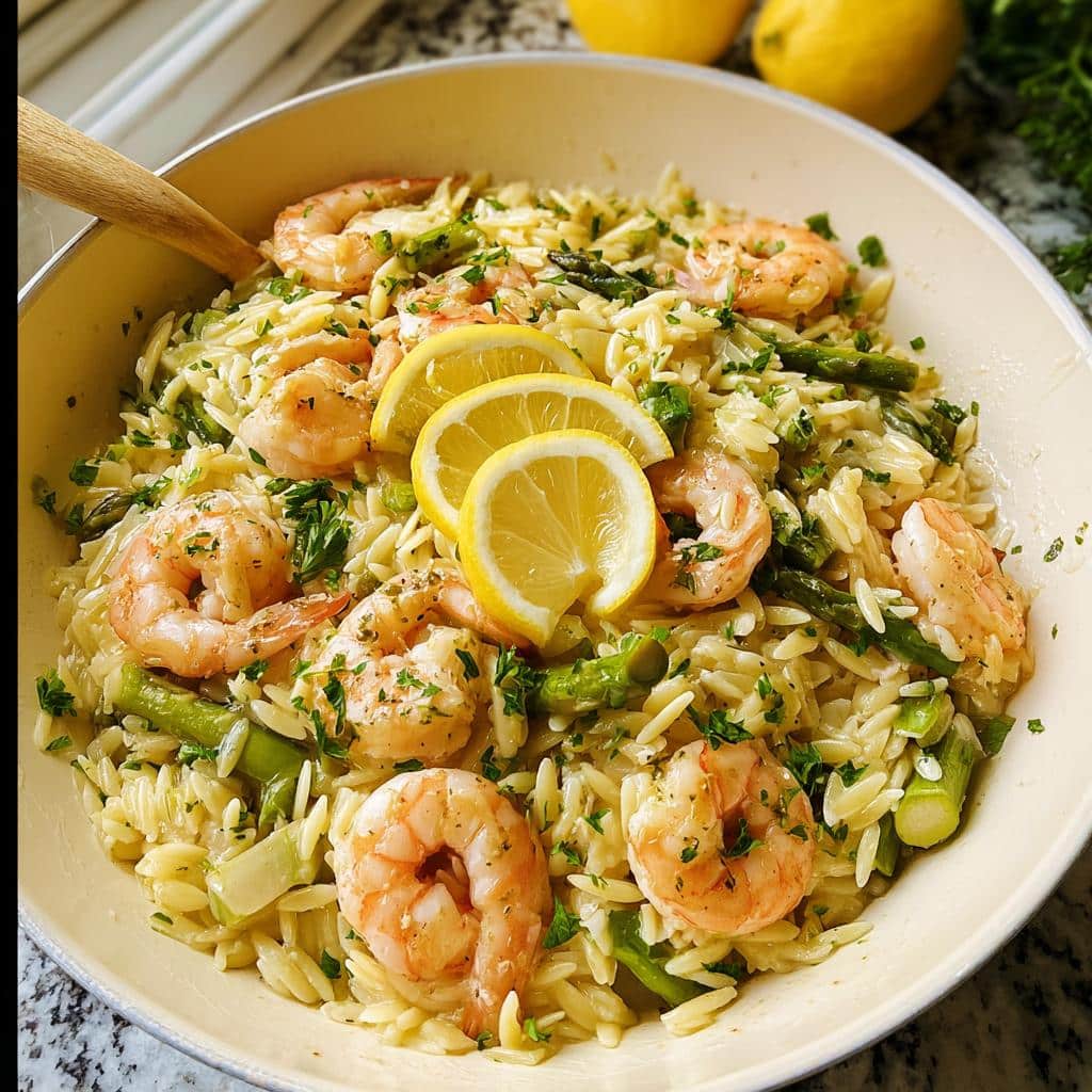Close-up of Gluten Free Lemon Orzo with Shrimp and asparagus garnished with lemon slices.