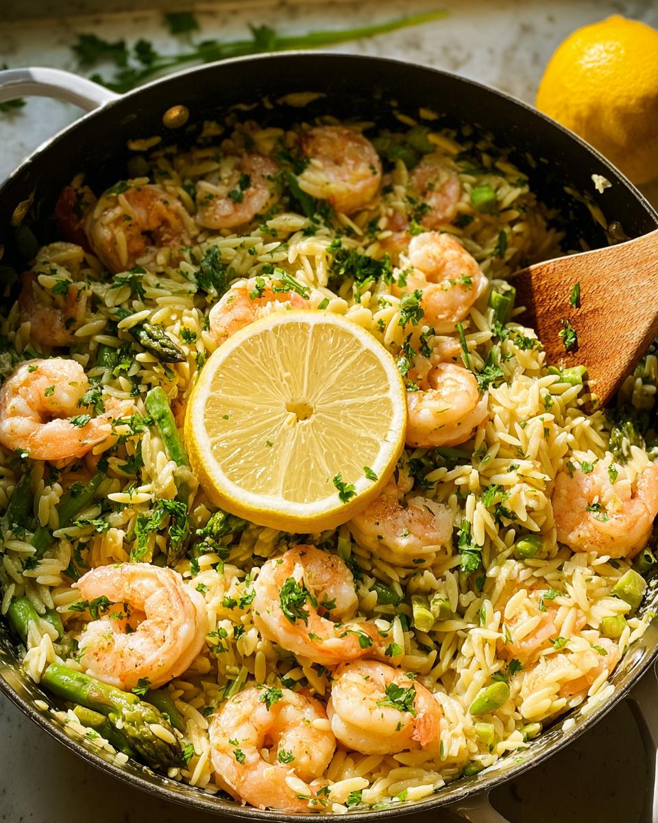 Close-up of Gluten Free Lemon Orzo with Shrimp, asparagus, and parsley, garnished with a lemon slice.